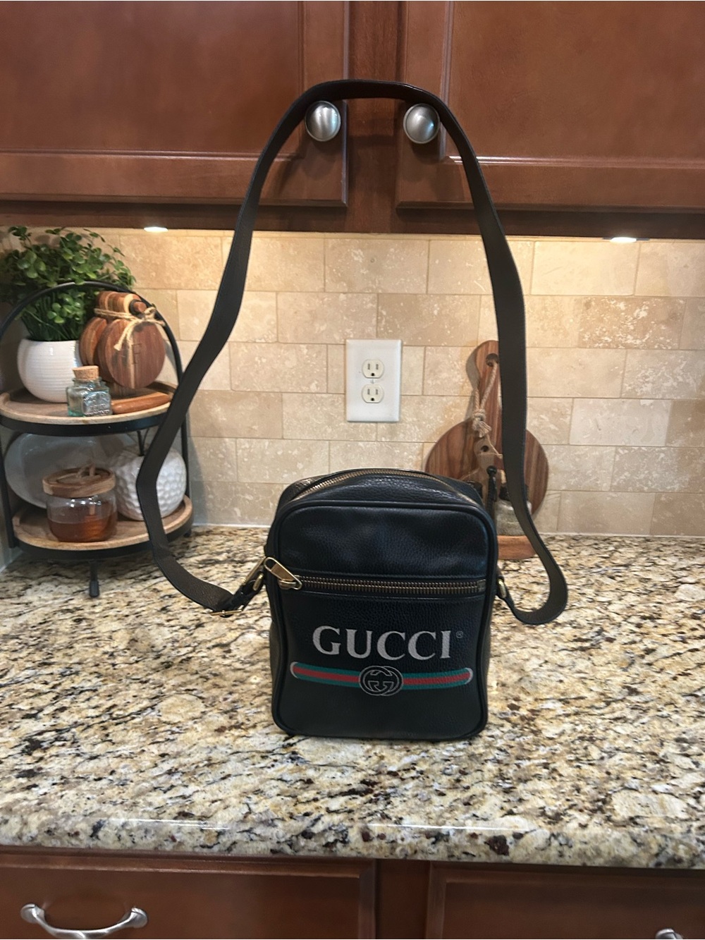 Gucci Black Logo Shoulder Bag Men's Adjustable Strap Designer Brass Hardware coa